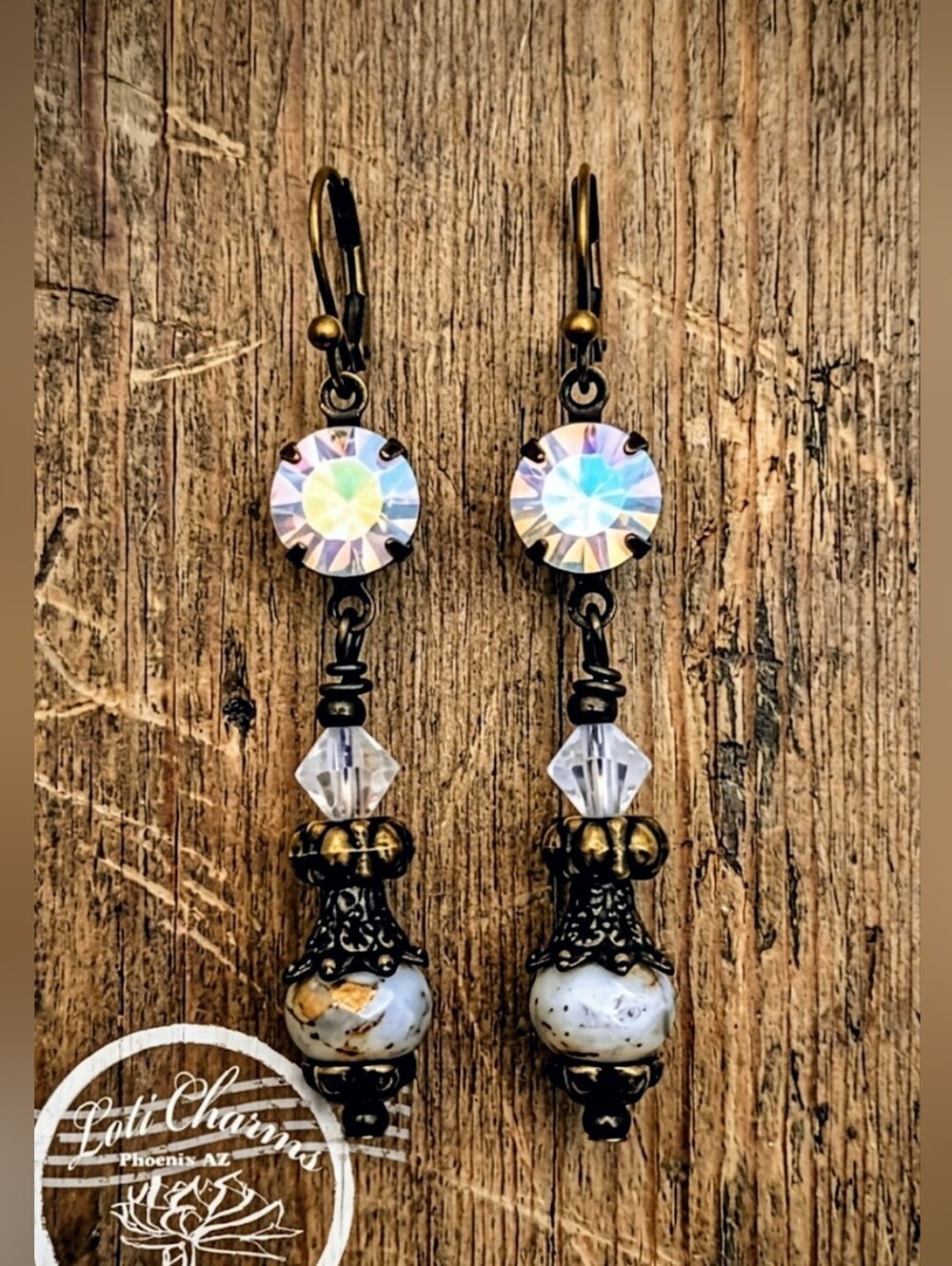 Victorian Rustic White & Gold W/ White Opal AB Crystal In Brass Earrings